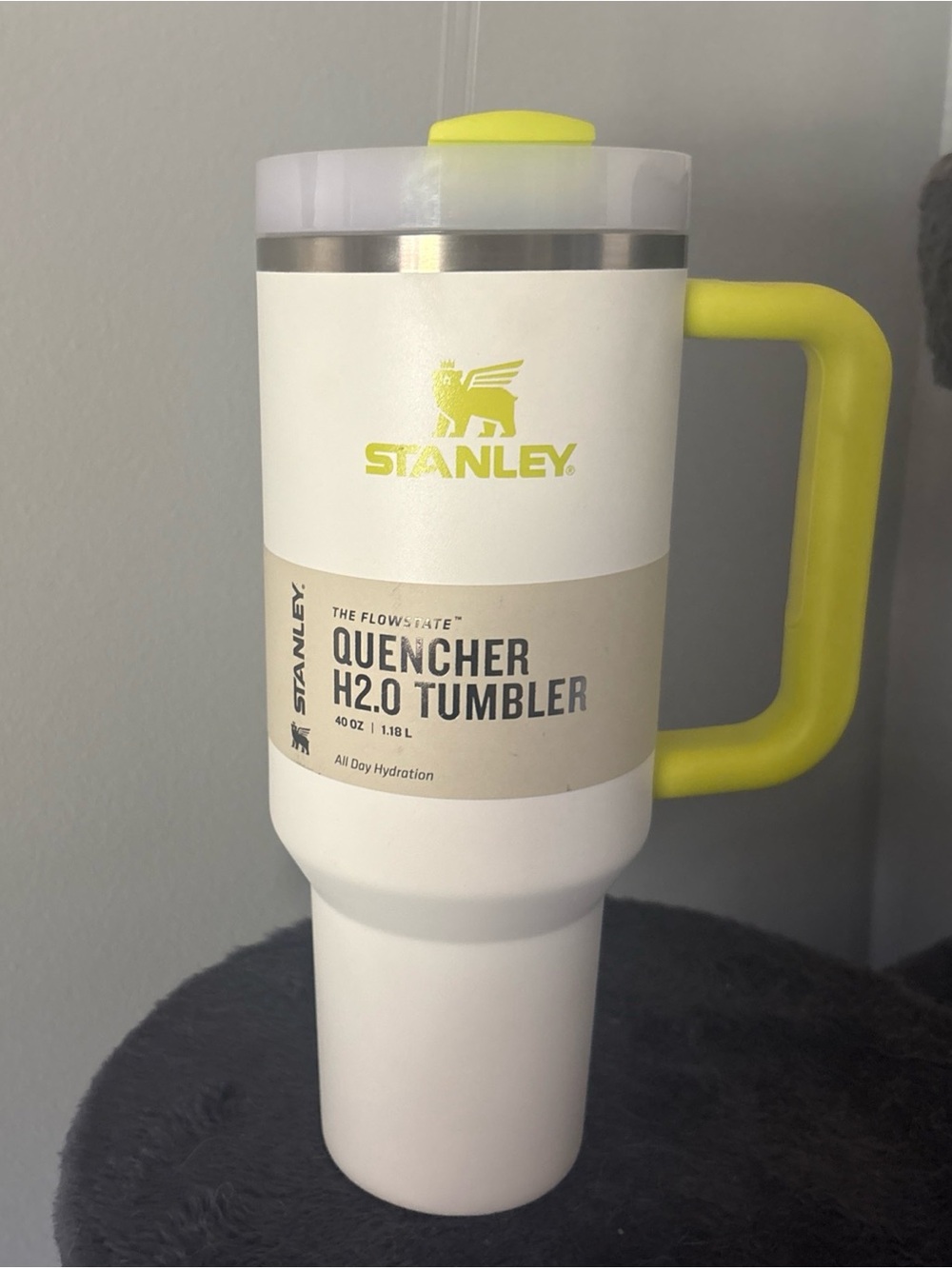 Stanley 40 oz. White Tumbler with Lime Yellow Handle